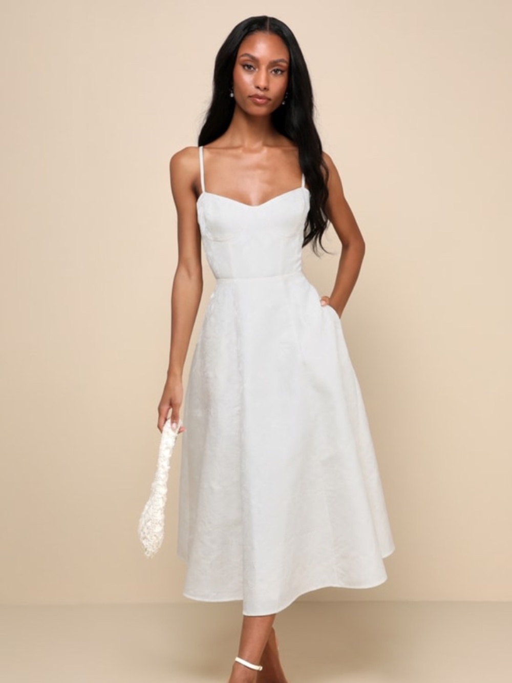 Lulus Meet For Tea White Jacquard Bustier Midi Dress With Pockets - Size XL